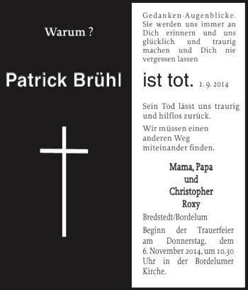 Traueranzeige von Patrick Brühl von Husumer Nachrichten