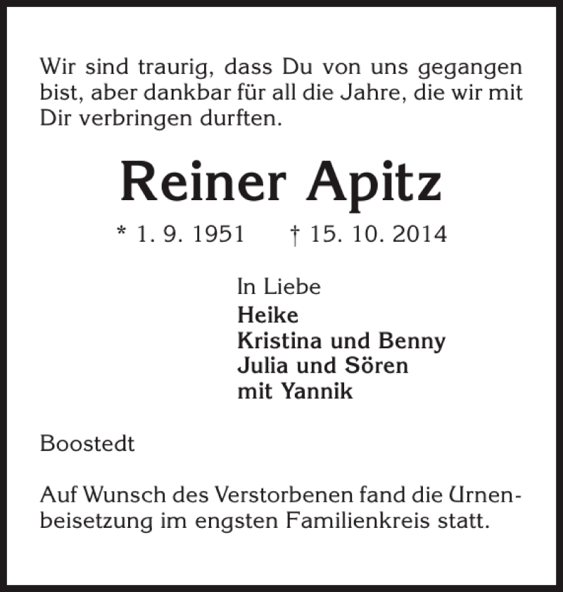  Traueranzeige für Reiner Apitz vom 01.11.2014 aus Holsteinischer Courier