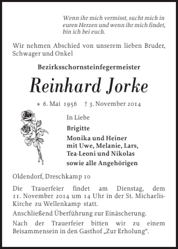 Traueranzeige von Reinhard Jorke von Norddeutsche Rundschau