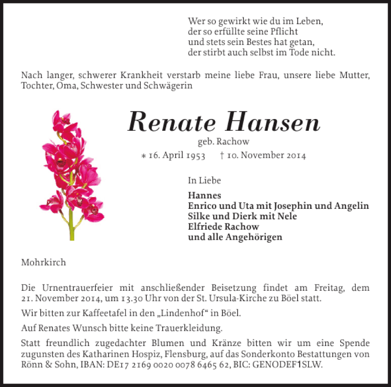  Traueranzeige für Renate Hansen vom 13.11.2014 aus Flensburger Tageblatt