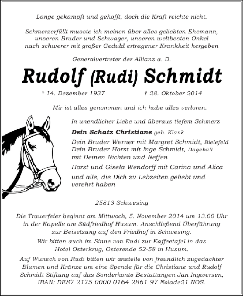  Traueranzeige für Rudolf Schmidt vom 01.11.2014 aus Husumer Nachrichten