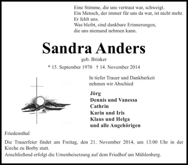  Traueranzeige für Sandra Anders vom 19.11.2014 aus Eckernförder Zeitung
