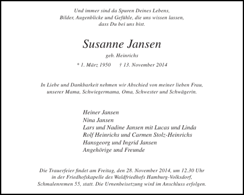  Traueranzeige für Susanne Jansen vom 22.11.2014 aus Stormarner Tageblatt
