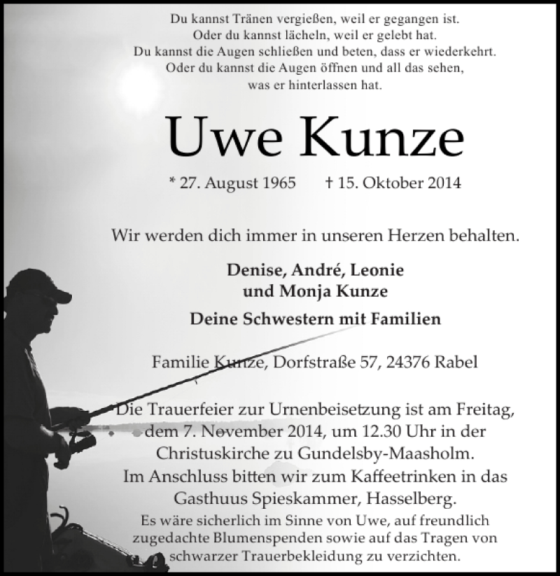  Traueranzeige für Uwe Kunze vom 03.11.2014 aus Schlei-Bote