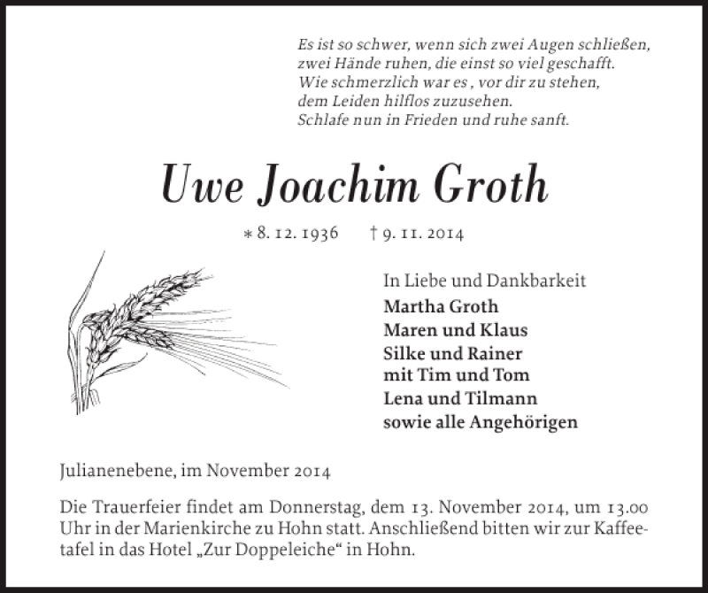  Traueranzeige für Uwe Joachim Groth vom 12.11.2014 aus Landeszeitung