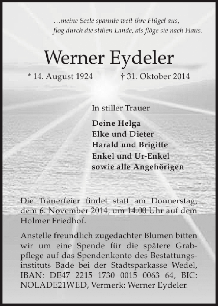  Traueranzeige für Werner Eydeler vom 04.11.2014 aus Pinneberger Tageblatt