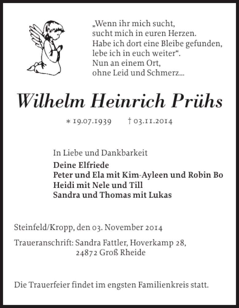  Traueranzeige für Wilhelm Heinrich Prühs vom 08.11.2014 aus Schleswiger Nachrichten