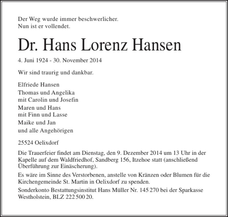  Traueranzeige für Dr. Hans Lorenz Hansen vom 03.12.2014 aus Norddeutsche Rundschau