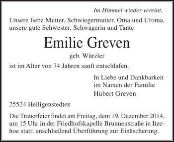 Traueranzeige von Emilie Greven von Norddeutsche Rundschau