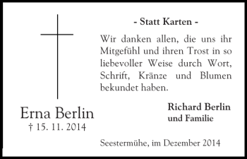 Traueranzeige von Erna Berlin von Elmshorner Nachrichten