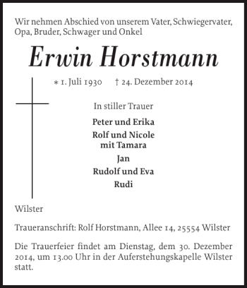 Traueranzeige von Erwin Horstmann von Norddeutsche Rundschau