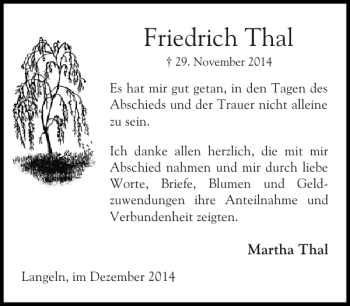 Traueranzeige von Friedrich Thal von Elmshorner Nachrichten