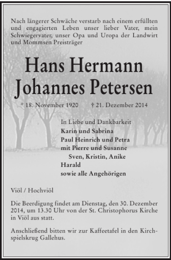Traueranzeige von Hans Hermann Johannes Petersen von Husumer Nachrichten
