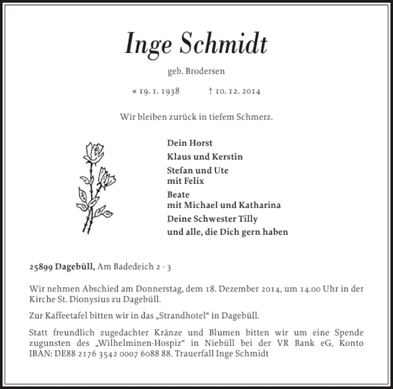  Traueranzeige für Inge Schmidt vom 13.12.2014 aus Nordfriesland Tageblatt
