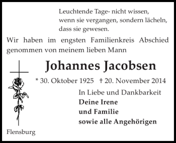 Traueranzeige von Johannes Jacobsen von Flensburger Tageblatt