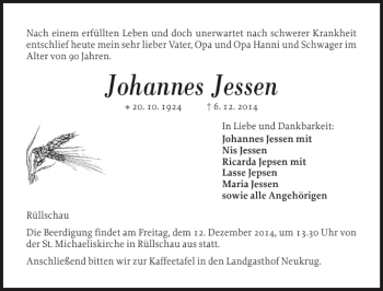 Traueranzeige von Johannes Jessen von Flensburger Tageblatt