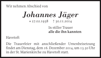 Traueranzeige von Johannes Jäger von Flensburger Tageblatt