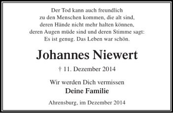 Traueranzeige von Johannes Niewert von Stormarner Tageblatt