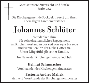 Traueranzeige von Johannes Schlüter von Landeszeitung