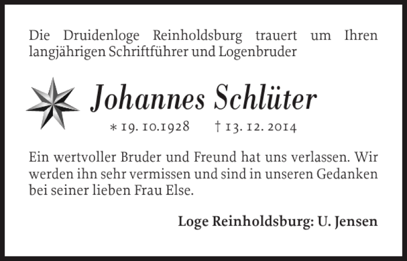  Traueranzeige für Johannes Schlüter vom 22.12.2014 aus Landeszeitung