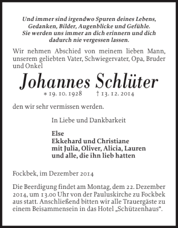 Traueranzeige von Johannes Schlüter von Landeszeitung