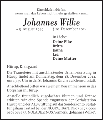 Traueranzeige von Johannes Wilke von Flensburger Tageblatt