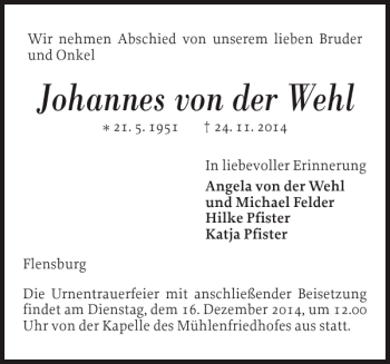 Traueranzeige von Johannes von der Wehl von Flensburger Tageblatt