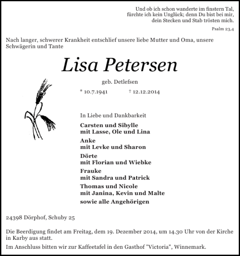  Traueranzeige für Lisa Petersen vom 15.12.2014 aus Flensburger Tageblatt