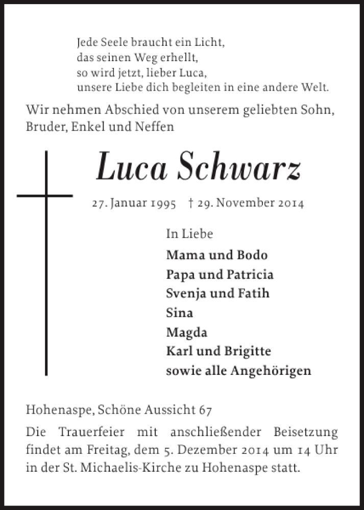  Traueranzeige für Luca Schwarz vom 03.12.2014 aus Norddeutsche Rundschau