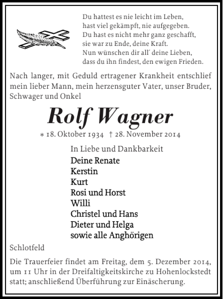  Traueranzeige für Rolf Wagner vom 01.12.2014 aus Norddeutsche Rundschau