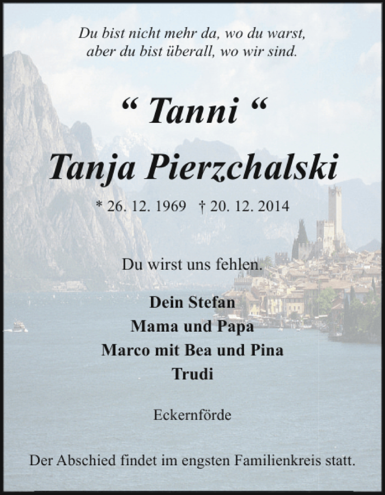  Traueranzeige für Tanja Pierzchalski Tanni vom 27.12.2014 aus Eckernförder Zeitung