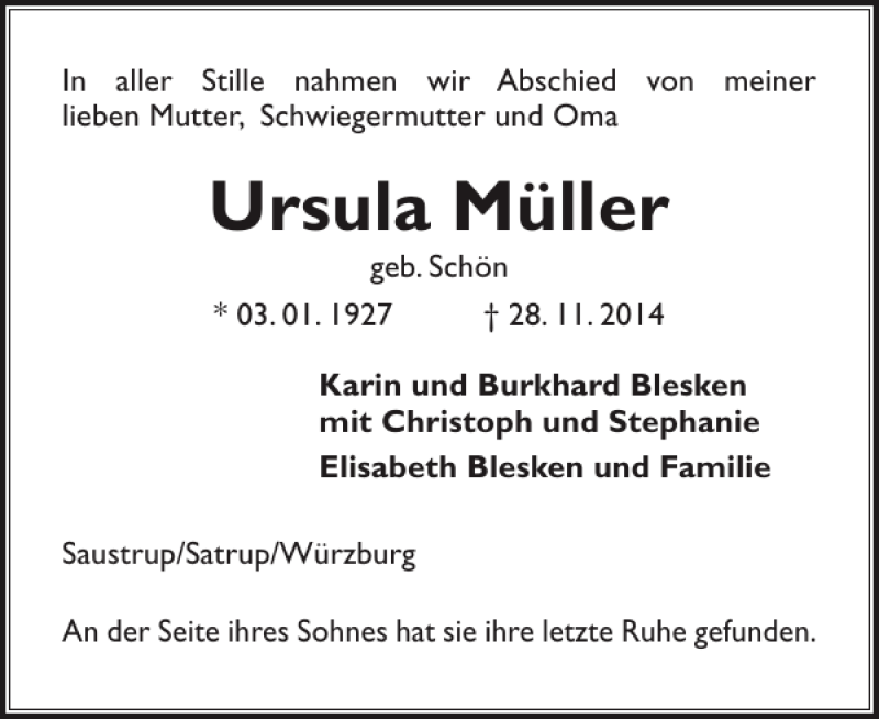 Traueranzeige für Ursula Müller vom 11.12.2014 aus Flensburger Tageblatt