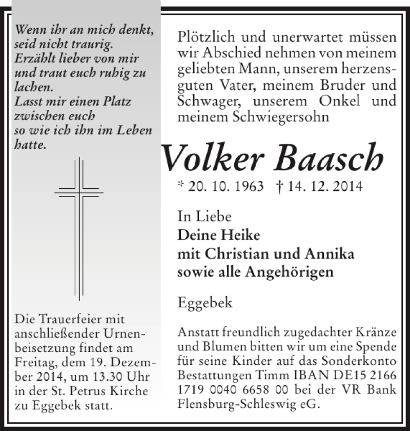  Traueranzeige für Volker Baasch vom 16.12.2014 aus Flensburger Tageblatt