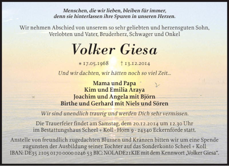  Traueranzeige für Volker Giesa vom 17.12.2014 aus Eckernförder Zeitung