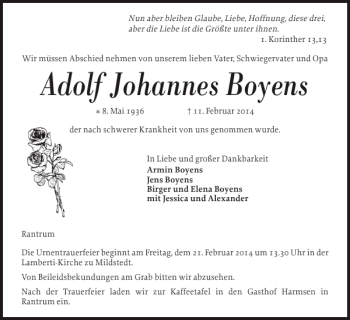 Traueranzeige von Adolf Johannes Boyens von Husumer Nachrichten
