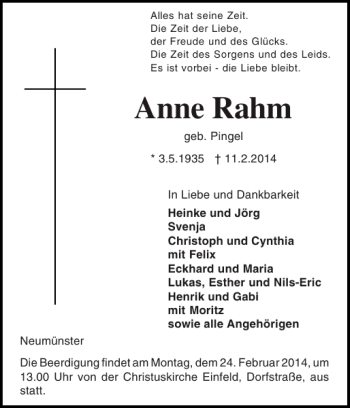 Traueranzeige von Anne Rahm von Holsteinischer Courier