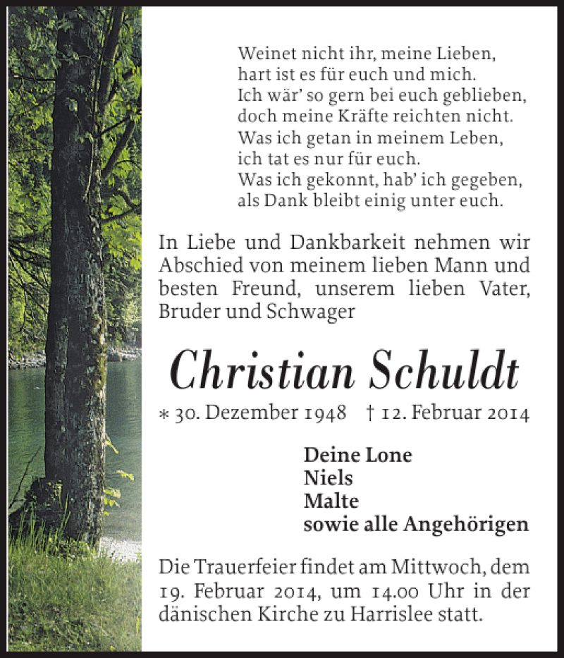  Traueranzeige für Christian Schuldt vom 15.02.2014 aus Flensburger Tageblatt