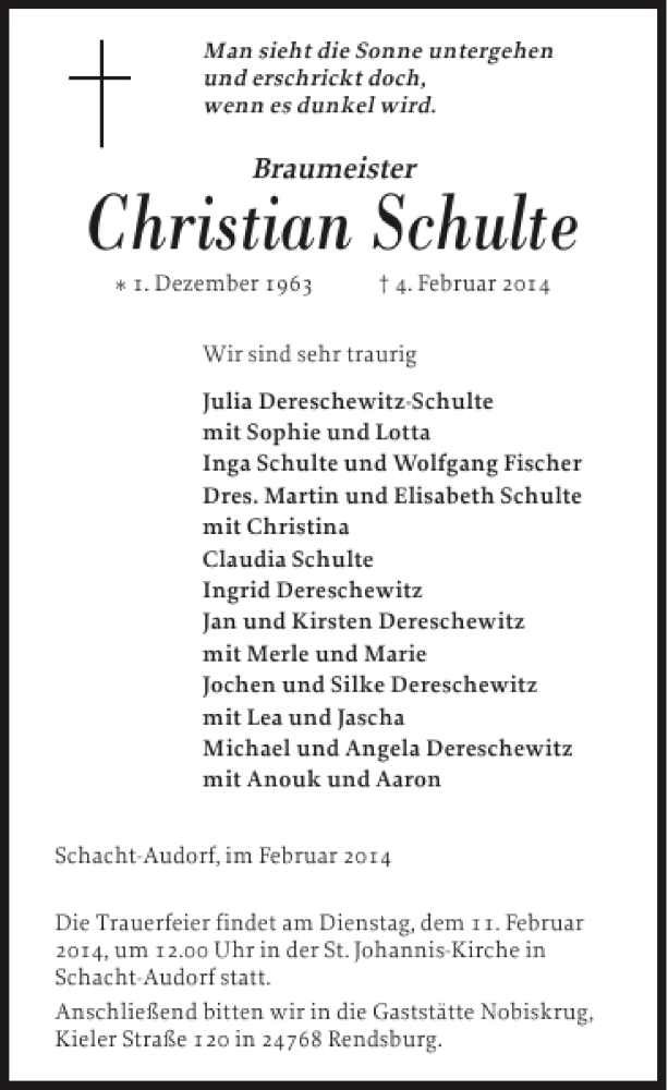  Traueranzeige für Christian Schulte vom 08.02.2014 aus Landeszeitung