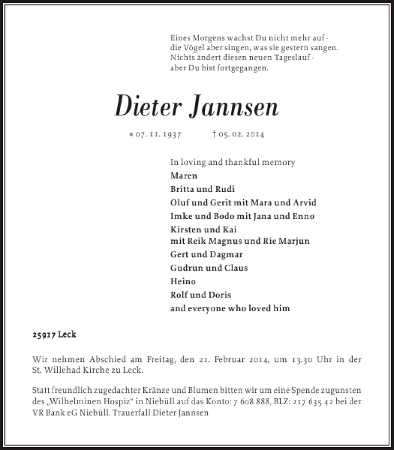  Traueranzeige für Dieter Jannsen vom 08.02.2014 aus Nordfriesland Tageblatt