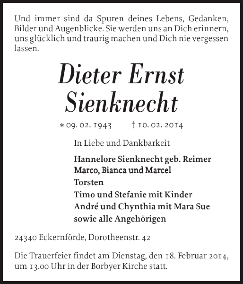  Traueranzeige für Dieter Ernst Sienknecht vom 17.02.2014 aus Eckernförder Zeitung