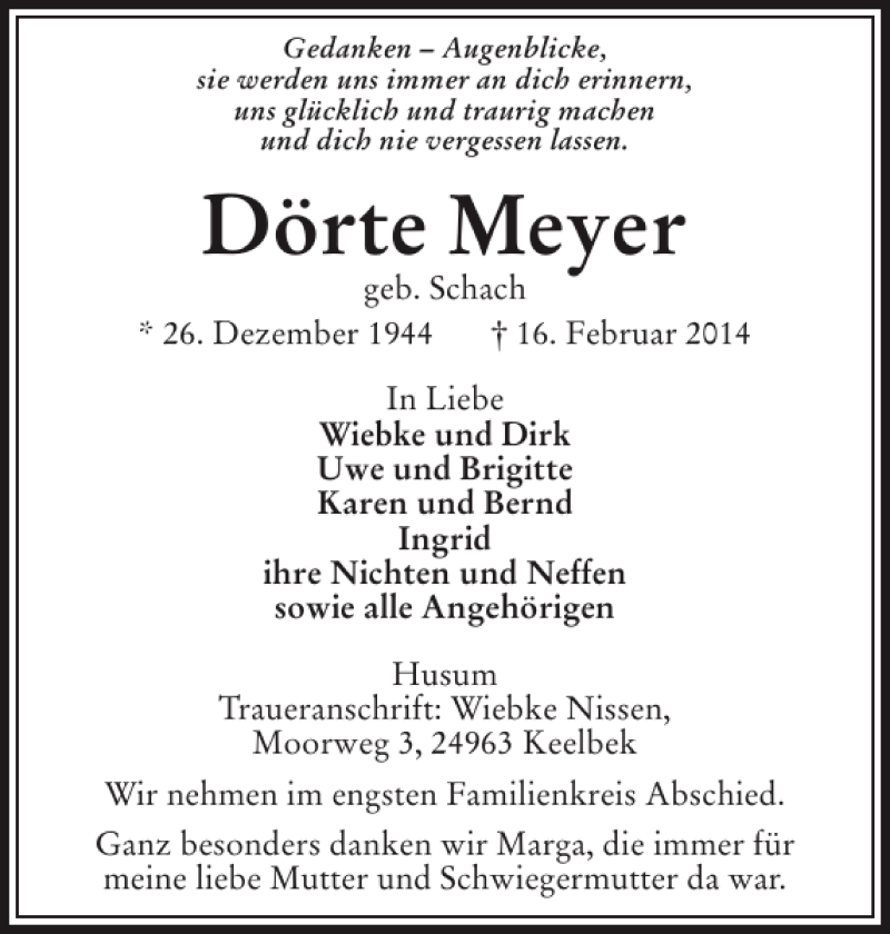  Traueranzeige für Dörte Meyer vom 19.02.2014 aus Husumer Nachrichten