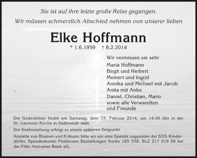  Traueranzeige für Elke Hoffmann vom 11.02.2014 aus Der Insel-Bote