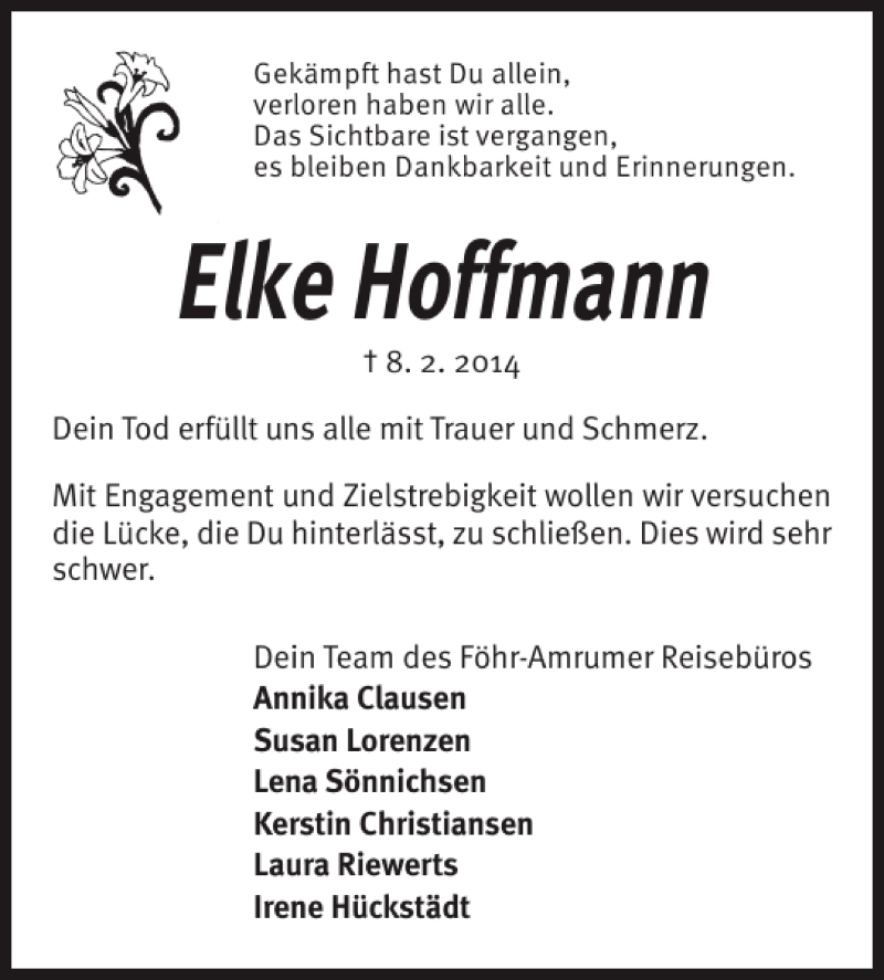  Traueranzeige für Elke Hoffmann vom 12.02.2014 aus Der Insel-Bote