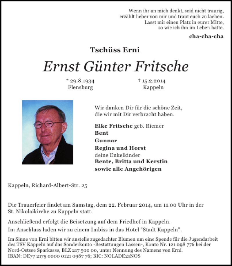  Traueranzeige für Ernst Günter Fritsche vom 18.02.2014 aus Flensburger Tageblatt