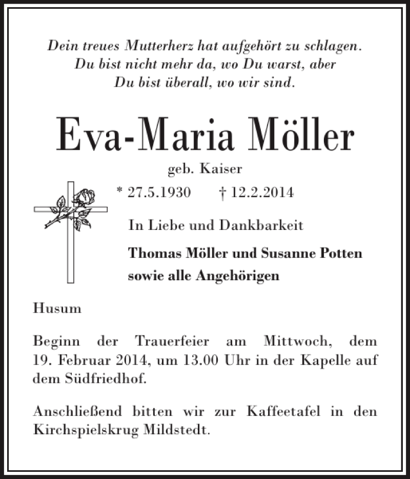  Traueranzeige für Eva-Maria Möller vom 17.02.2014 aus Husumer Nachrichten