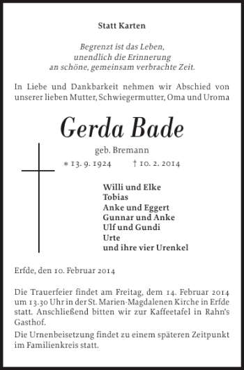 Traueranzeige von Gerda Bade von Landeszeitung