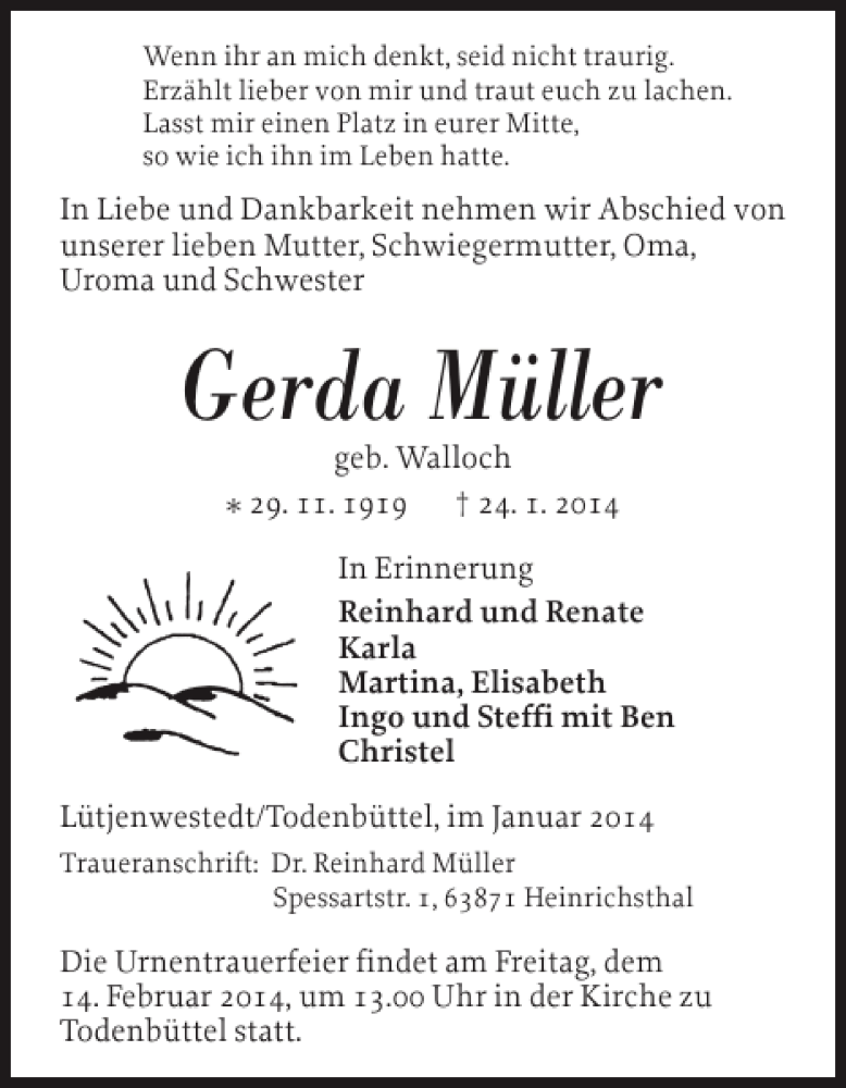  Traueranzeige für Gerda Müller vom 01.02.2014 aus Landeszeitung