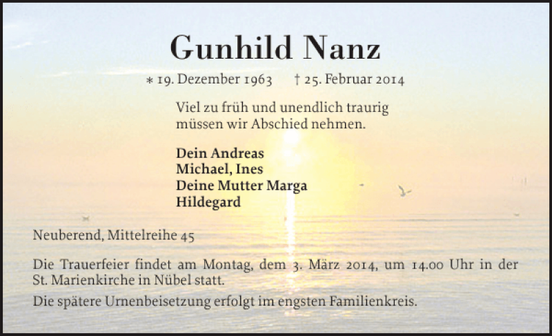  Traueranzeige für Gunhild Nanz vom 28.02.2014 aus Schleswiger Nachrichten
