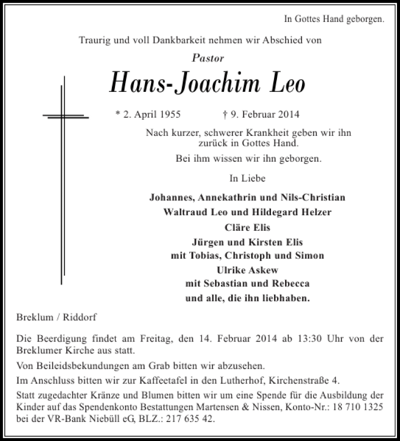  Traueranzeige für Hans-Joachim Leo vom 12.02.2014 aus Husumer Nachrichten
