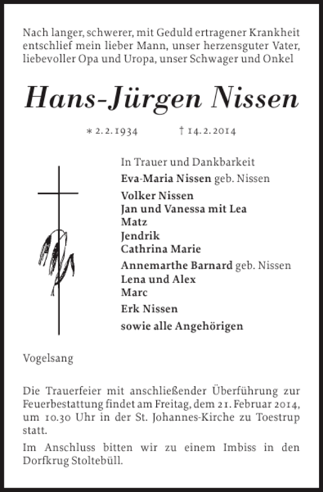  Traueranzeige für Hans-Jürgen Nissen vom 18.02.2014 aus Flensburger Tageblatt